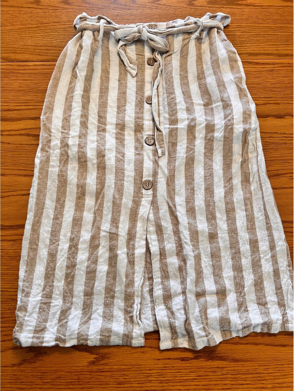 Love Tree Beige and White Striped Button-Front Midi Skirt with Tie Waist, Size L
